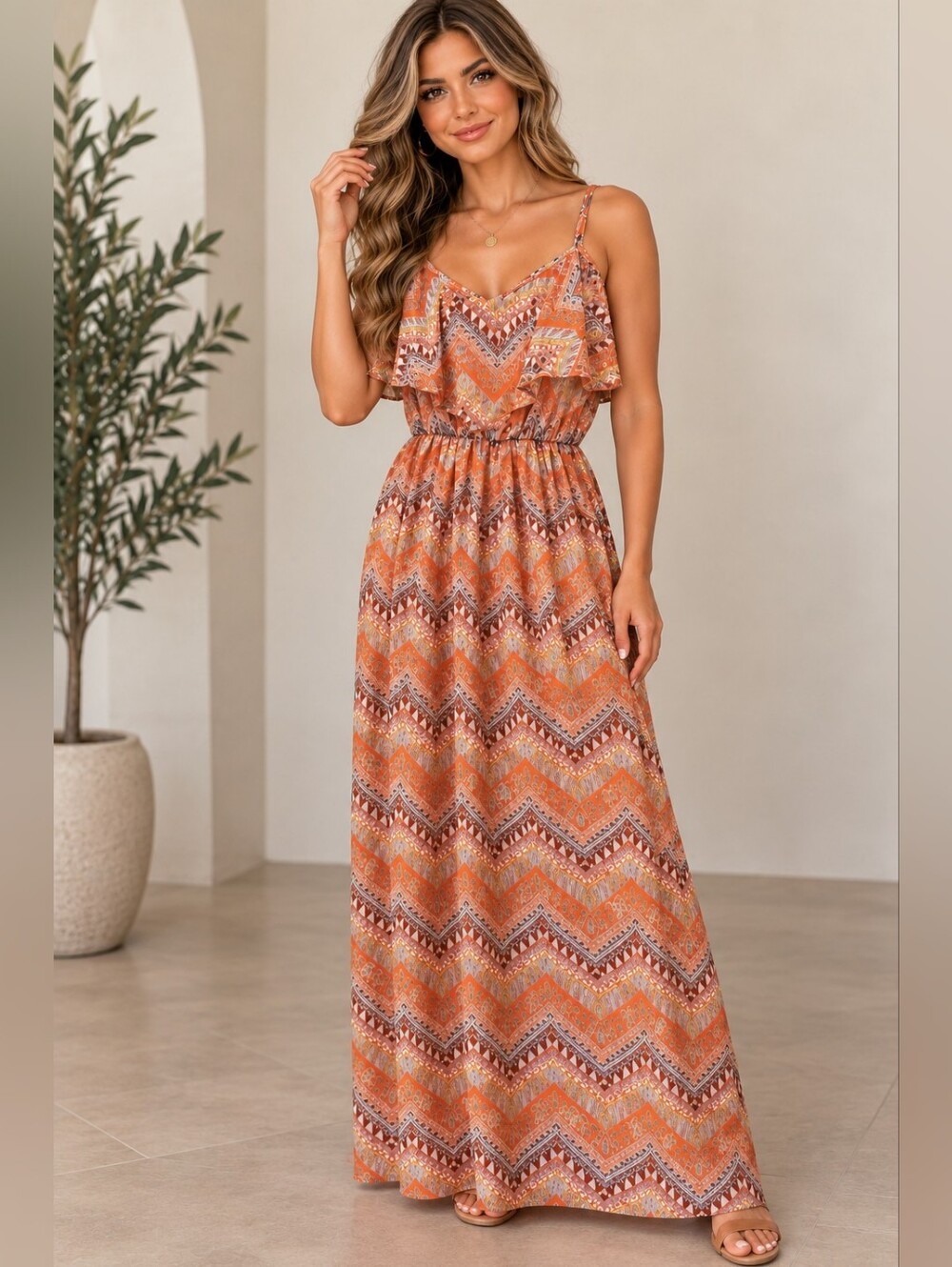 Y2K Charlotte Russe Small Orange Tribal Chevron Ruffle Maxi Dress Spaghetti...